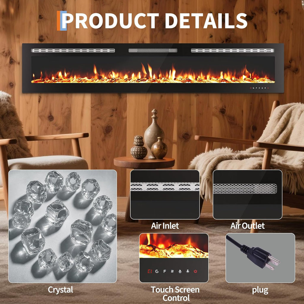 72-Inch Recessed Electric Fireplace, Wall Mounted, Remote Control, 12 Flame Colors, 750/1500W Heater, Multicolor, Log & Crystal, Black
