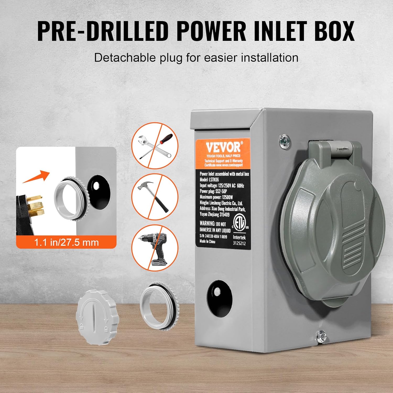 VEVOR 50 Amp Generator Cord and Power Inlet Box Kit  50FT Generator Extension Cord NEMA 14-50P/SS2-50R STW 6/3+8/1 AWG with Twist Lock Connector  Pre-Drilled Inlet Box  ETL Listed
