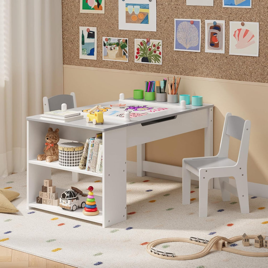 Gizoon Kids Art Table and Chairs with Removable Tabletop Storage,Toddler Craft Table and Chair Set for Drawing Studying Playing Wooden Kid Acitivity Table in Playroom Kids Room Living Room, Gray