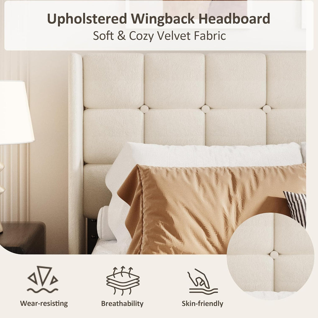 Queen Size Bed Frame with Wingback Headboard, Velvet Upholstered Platform Bed Frame with Button Tufted Headboard, Wooden Slats Support, No Box Spring Needed, Noise Free, Easy Assembly, Beige