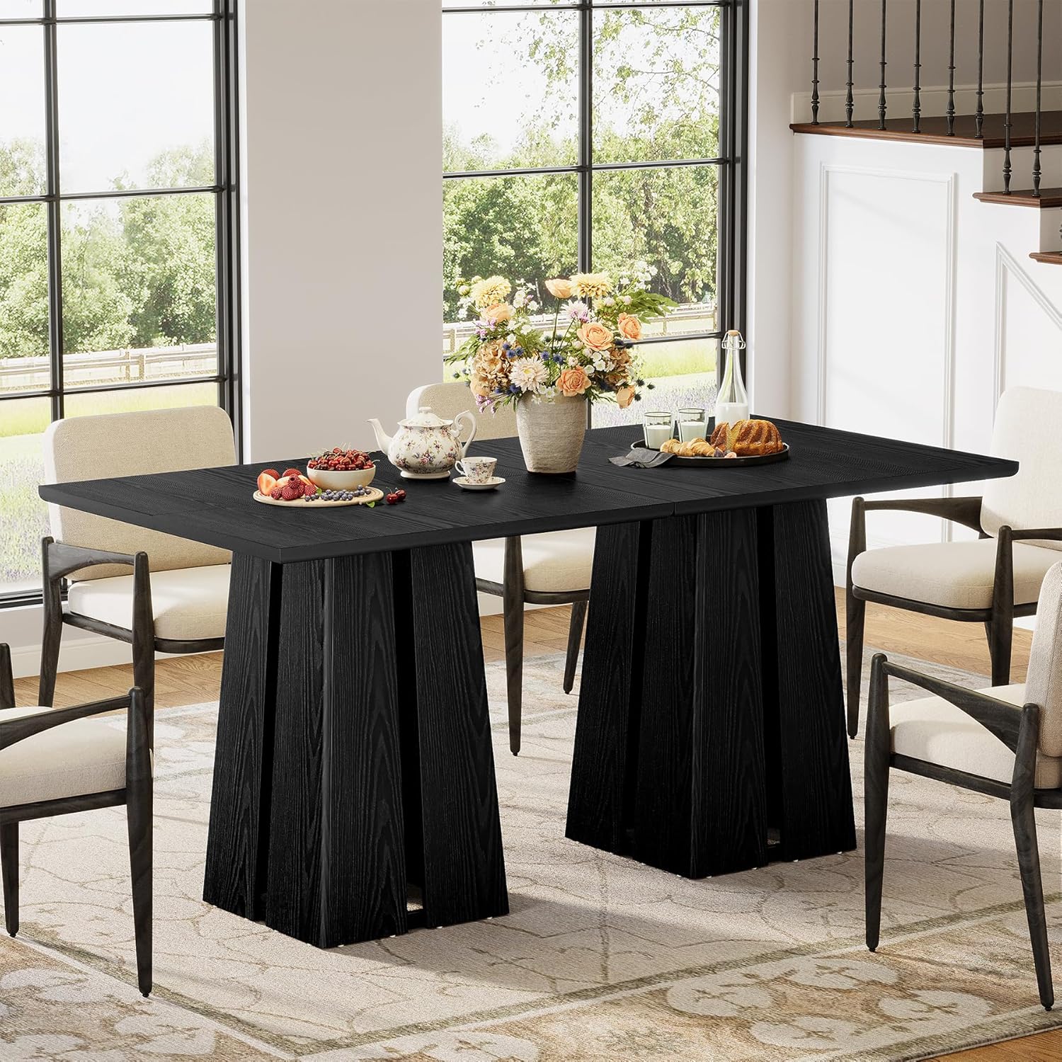 LITTLE TREE Wooden Square Dining Table 4 Sets, 31.5" Farmhouse Kitchen Table with Heavy-Duty Pedestal Base, Dinner Furniture for Dining Room, Living Room, Kitchen (1, Black)