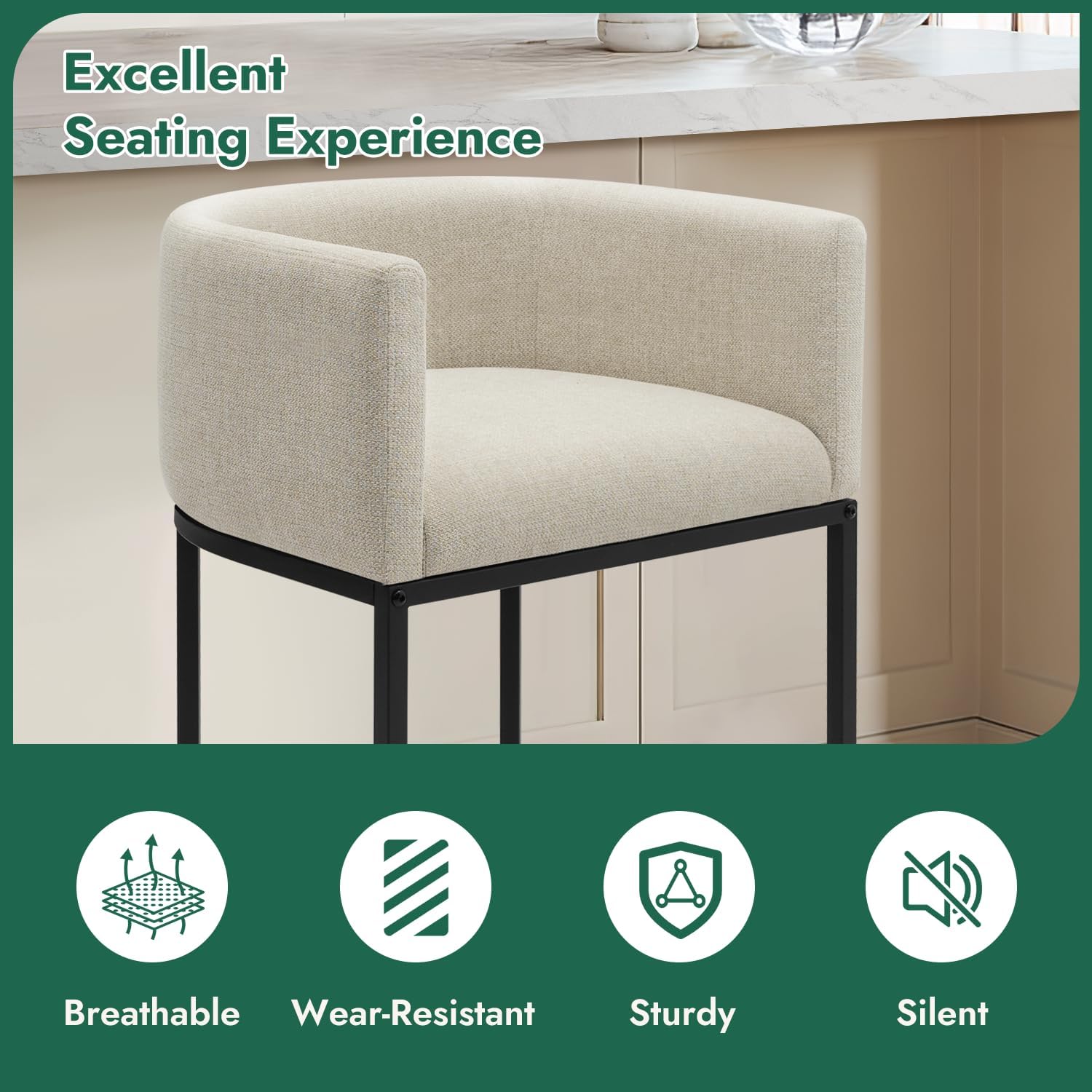 Counter Height Bar Stools Set of 3, 24 Inch Seat Height Barstools for Dining Room, Fabric Upholstered Bar Chair for Kitchen Island, Linen Counter Stools with Metal Legs, Beige