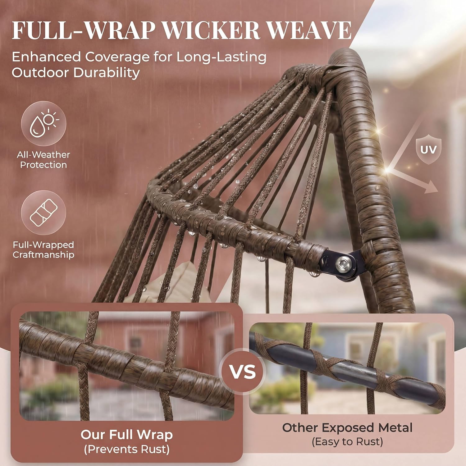 NICESOUL Swing Egg Chair Indoor Outdoor, Patio Wicker Hanging Chair with Stand, All Weather Egg Hammock Chairs with Cushions, 350lbs Durable Birthday Gift Swinging Chair for Backyard Balcony, Brown