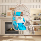 Hanging Egg Chair with Pillow, HDPE Rattan Foldable Swing Chair with Aluminum Frame & UV Resistant Cushion, Hammock Egg Basket Without Stand for Indoor Outdoor, 350Lbs Capacity (Blue Cushion)