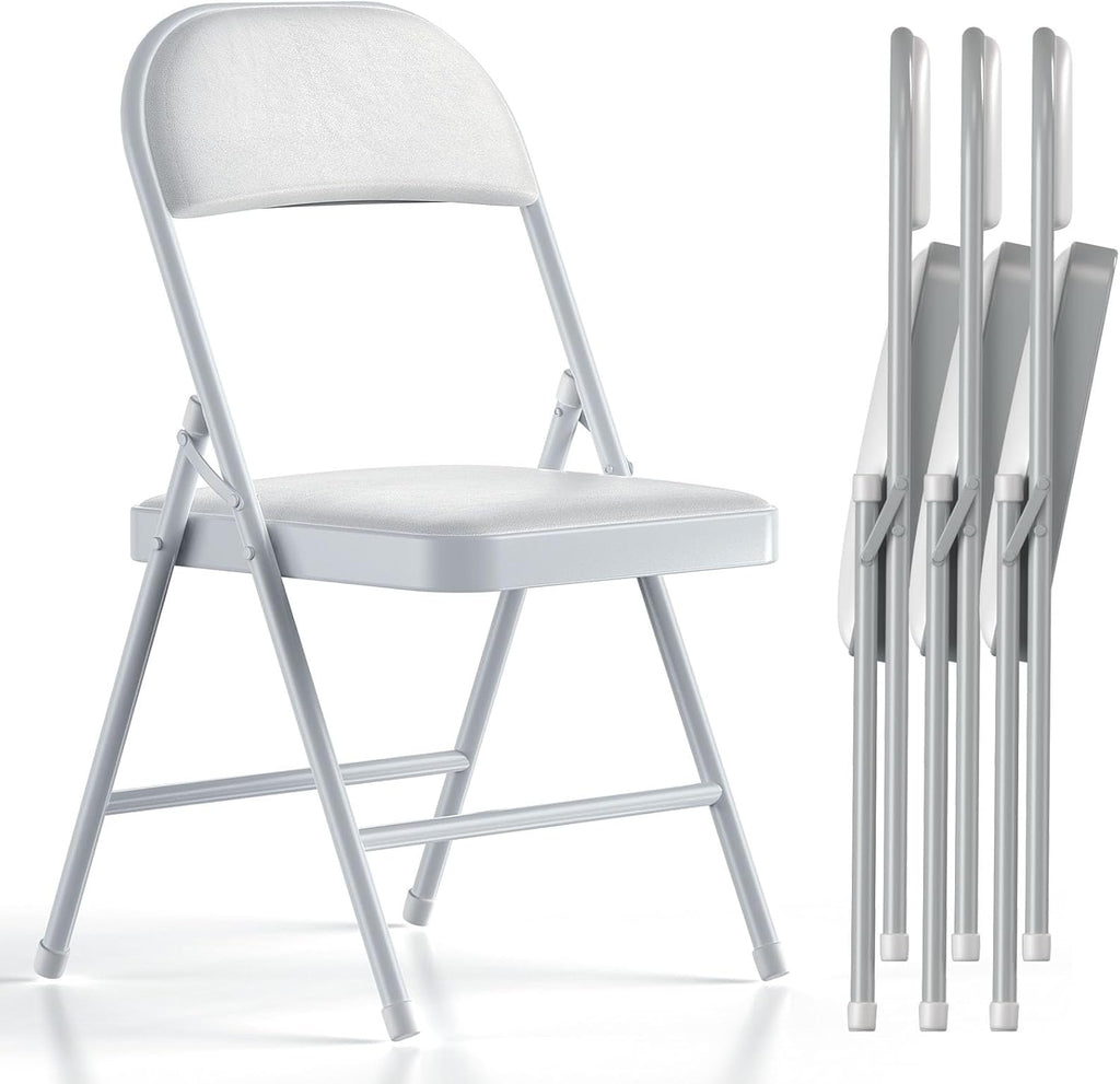 Nazhura 4 Pack Folding Chairs with Padded Cushion and Back, Khaki Metal Chairs with Comfortable Cushion and Durable Steel Frame for Home and Office, for Indoor and Outdoor Events (White, 4 Pack)