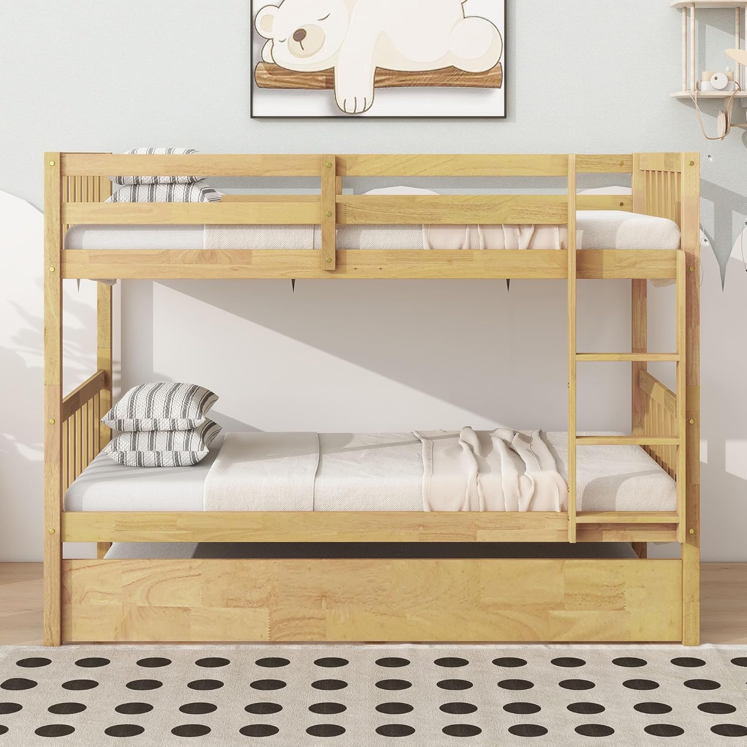 Harper & Bright Designs Convertible Wood Twin-Over-Twin Bunk Bed with Trundle and Ladder - Can Be Divided Into Two Platform Beds, White Oak