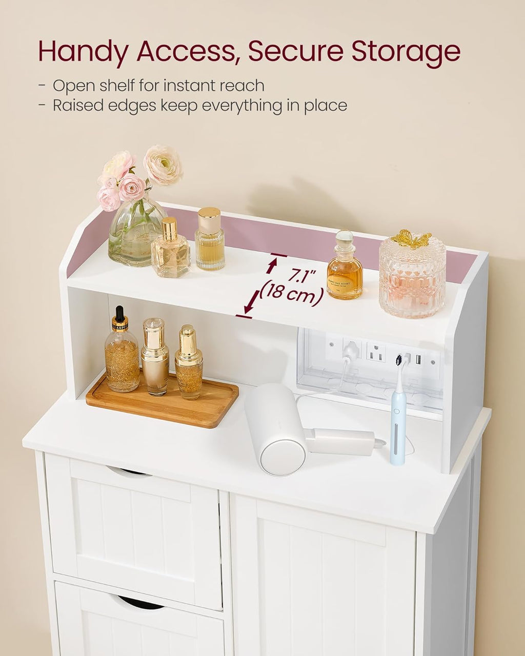 VASAGLE 39.4-Inch Tall Storage Cabinet with Power Strip, Floor Cabinet with Drawers and Door, 2 Adjustable Shelves, Freestanding, for Bathroom, Kitchen, Living Room, Cloud White UBBC775WH01S