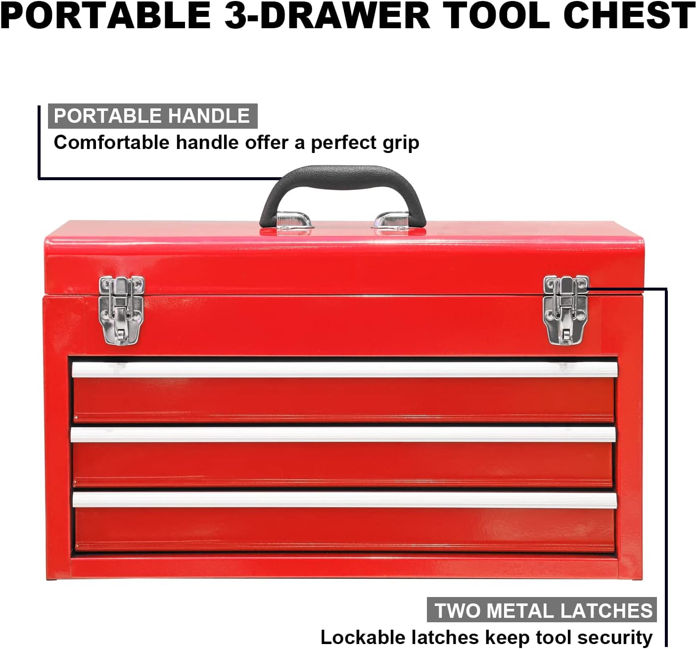 BIG RED ANTBD133-XB Torin 20.5" Portable 3 Drawer Steel Tool Box with Metal Latch Closure, Red