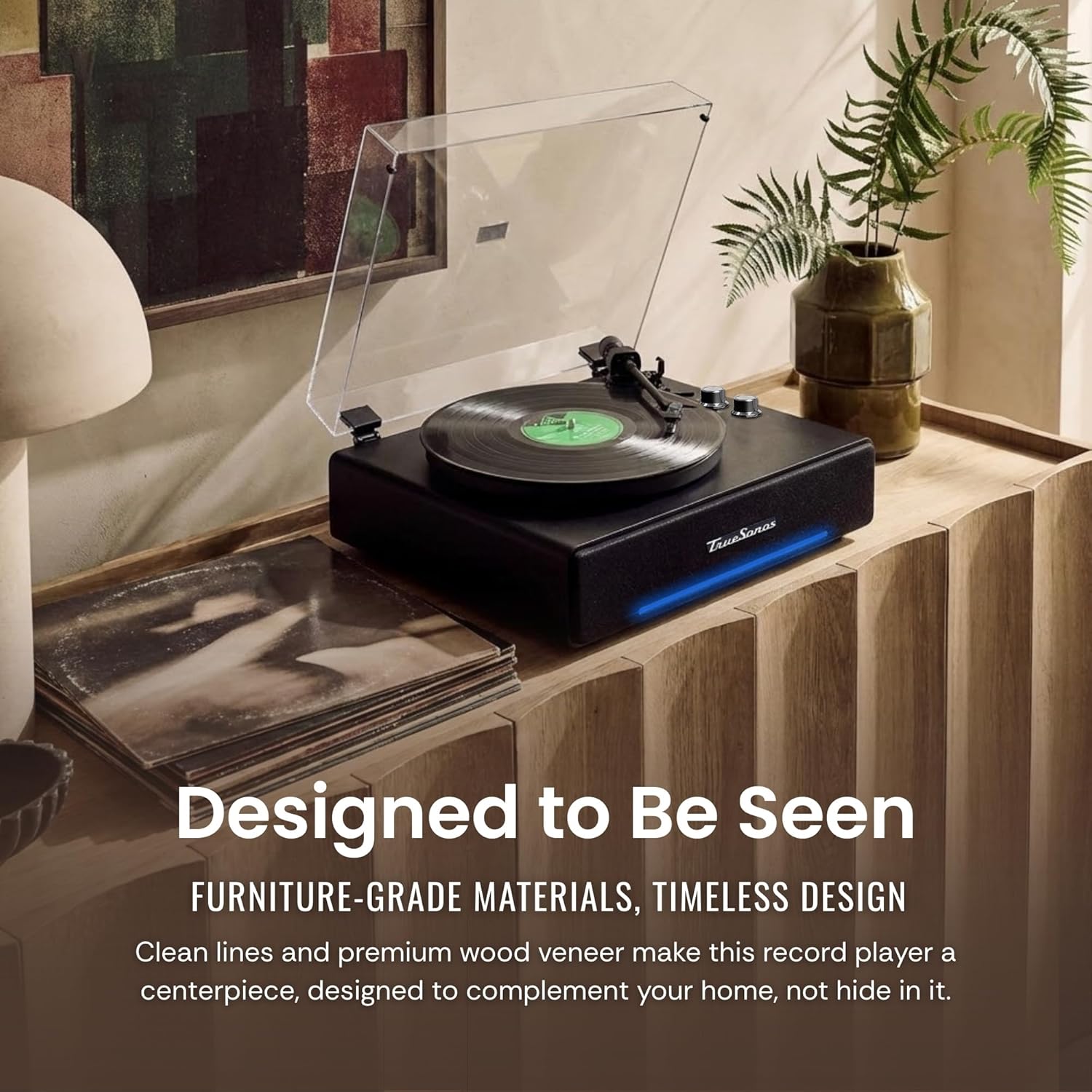 Hi-Fi Record Player with Speakers | Premium Vinyl Turntable with Bluetooth Capability | Built-in 4-Speaker Stereo System for Music Fans  Black Veneer + Black Trim