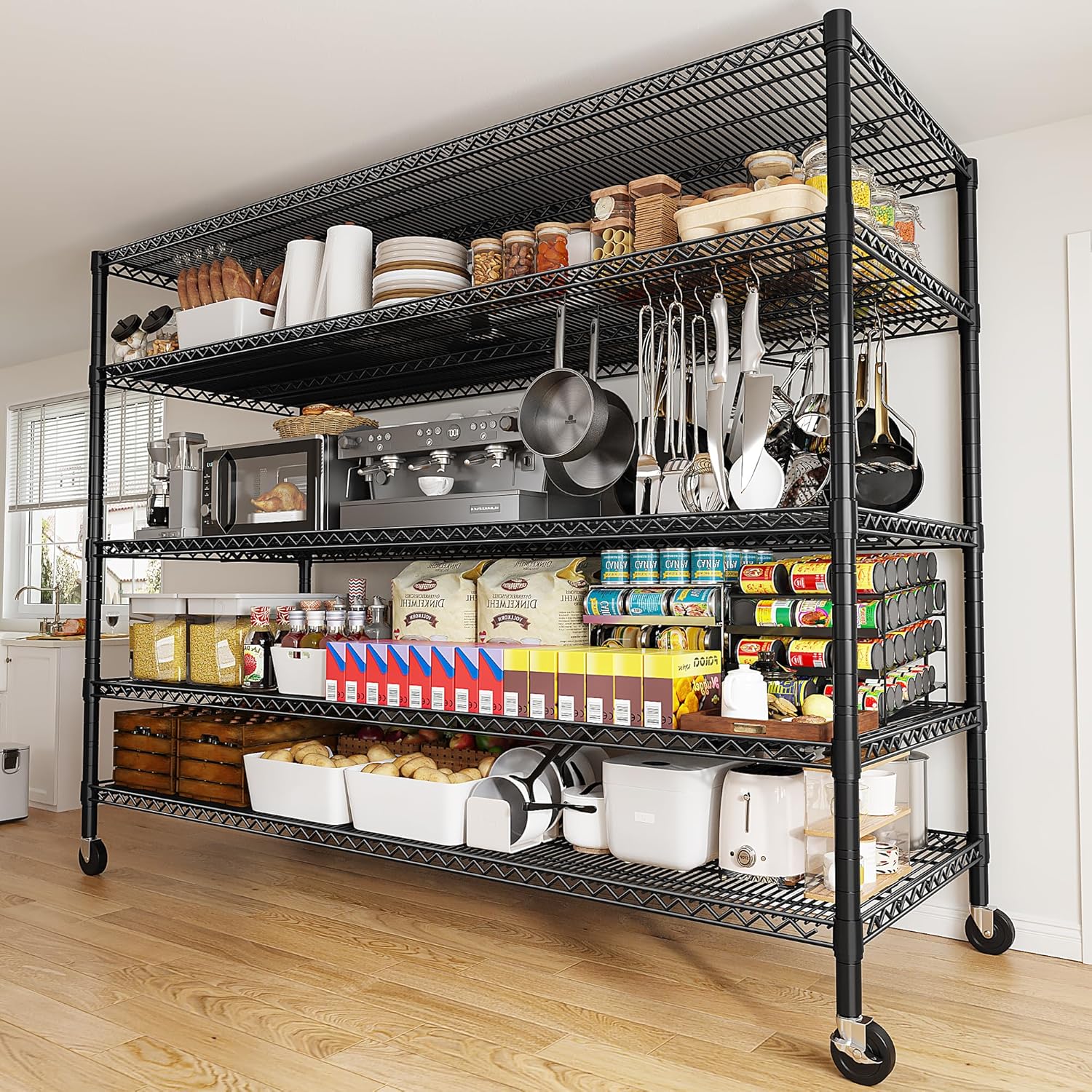 REIBII 85.7"H Garage Shelving 2998LBS Storage Shelves with Wheels&Feet,5 Tier Garage Shelves Heavy Duty Adjustable Wire Shelving for Basement Commercial Industrial Pantry, 85.7"H X 55.5"W X 24.2"D