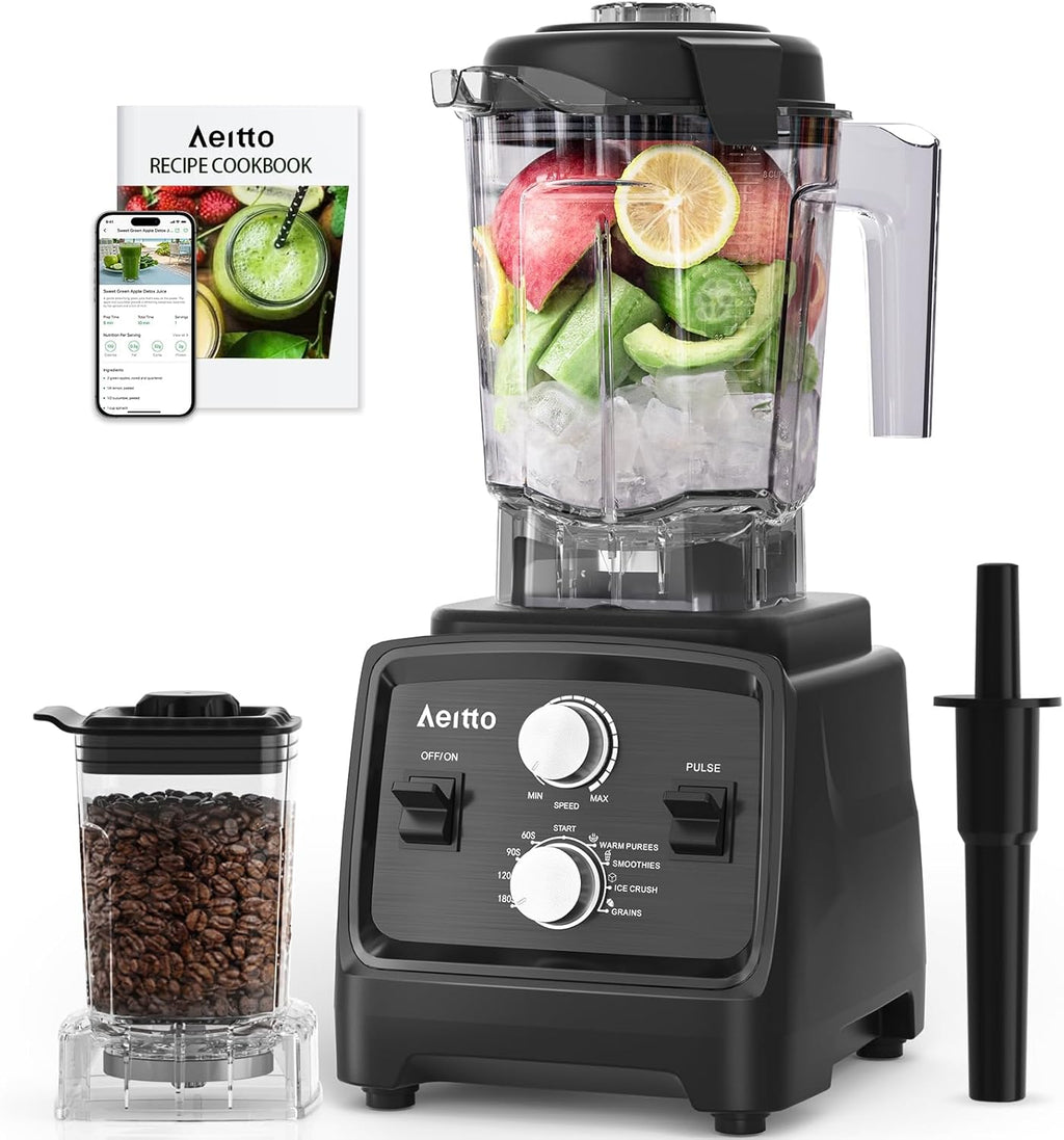 Aeitto Blenders for Kitchen with 1800W Motor, 68Oz. Large Capacity, 2-in-1 Blender & Grinder Combo, BPA-Free Countertop Professional Blender for Smoothies, Ice Crush, Frozen Drinks, Black