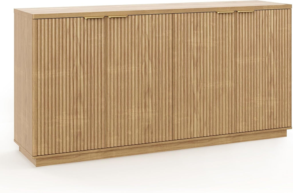 Fluted Sideboard Buffet Cabinet with Storage,63" Modern Credenza Storage Cabinet with Doors and Adjustable Shelves,Wooden Buffet Cabinet for Kitchen,Living Room,Natural Oak