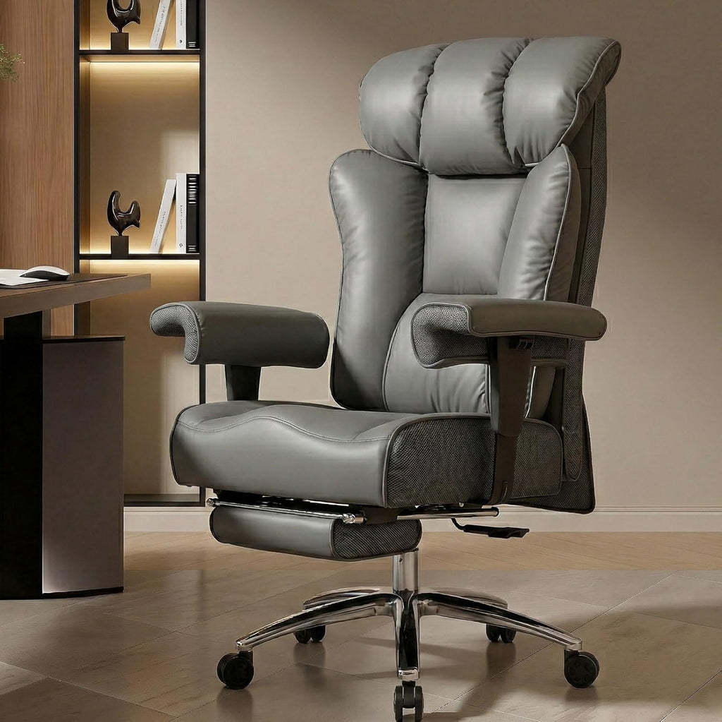 Efomao Big and Tall Office Chair 400lbs - Heavy Duty Executive Desk Chair with Foot Rest & 23" Wide Seat - High Back Ergonomic Leather Computer Chair for Heavy People, Home Office, Grey