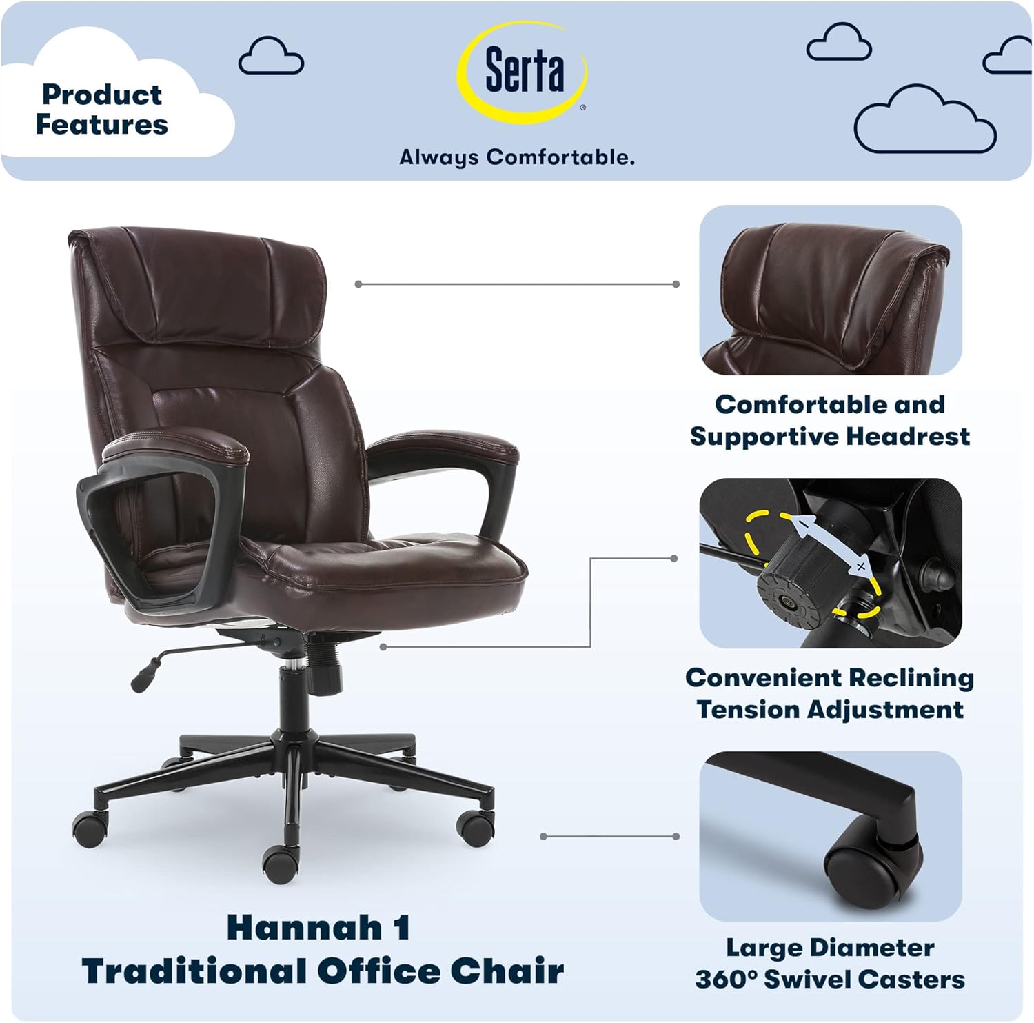 Serta® Hannah Executive Home Office Desk Chair, Ergonomic Mid-Back with Lumbar Support, Firm Seat Cushion, Layered Body Pillows, Padded Armrests, Swivel Base, Easy Assembly, Bonded Leather, Brown