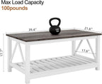 Farmhouse Coffee Table, White Oak Coffee Table for Living Room, 2-Tier Rectangular Wooden Centre Cocktail Table with Slats Shelf Storage and V-Shaped Frame Modern Coffee Oak Grey