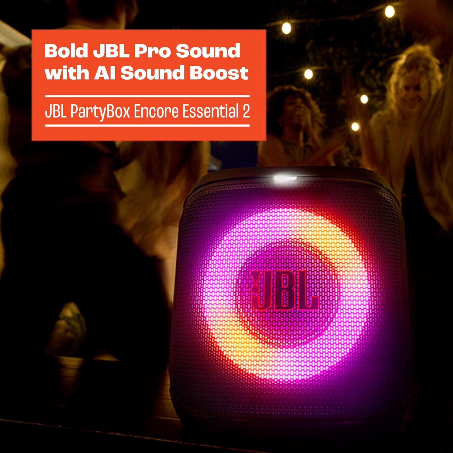 JBL PartyBox Encore Essential 2 - Portable Battery-Powered Party Speaker with AI Sound Boost  Up to 15 Hours of Play time  IPX4 Splash Proof  and Multi-Speaker Connection by Auracast (Black)