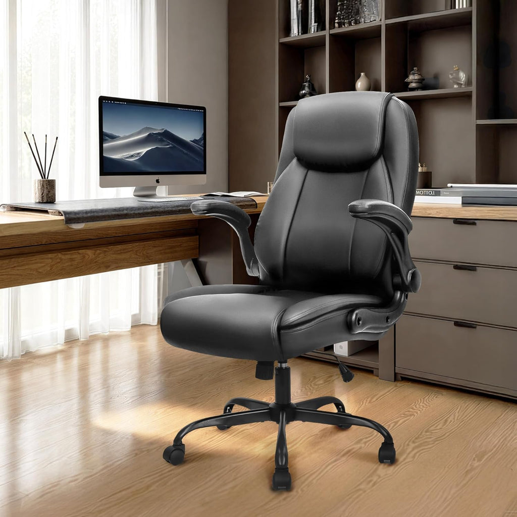NEO CHAIR Office Desk Gaming Computer Home Chair Ergonomic Executive High Back Support Flip-up Arms Adjustable Height Swivel Rolling Wheels Comfy PU Leather (Black)