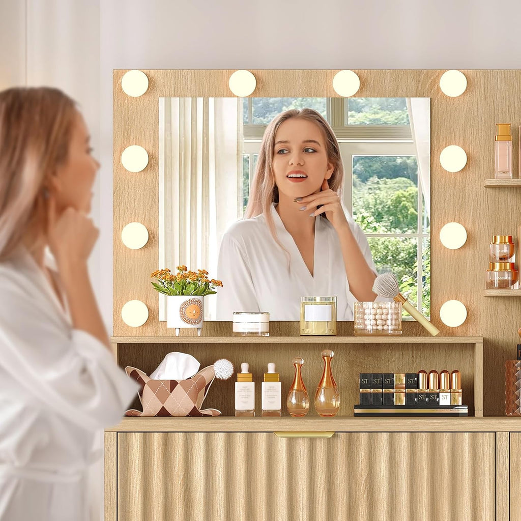 Vanity Desk with Mirror and Lights, Makeup Vanity with 5 Drawers & Storage Shelves, 3 Color Modes & Adjustable Brightness, Fluted Vanity for Girls, Natural