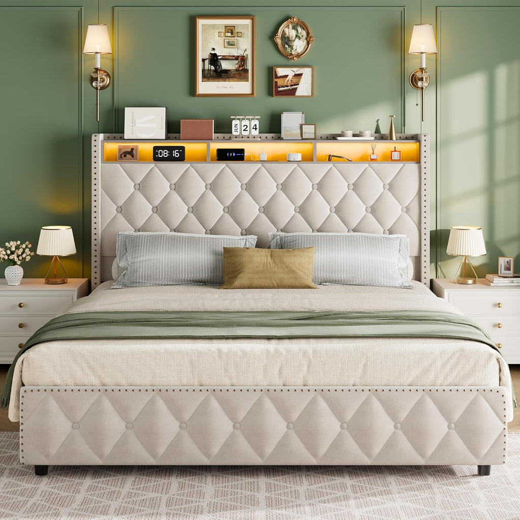 GarveeHome King Size Bed Frame with 50.8 in Tall Headboard, Platform Velvet Upholstered Bed Frame with 4 Storage Drawers, USB Charging Station, Led Lights, No Box Spring Needed, Easy Assembly, Beige