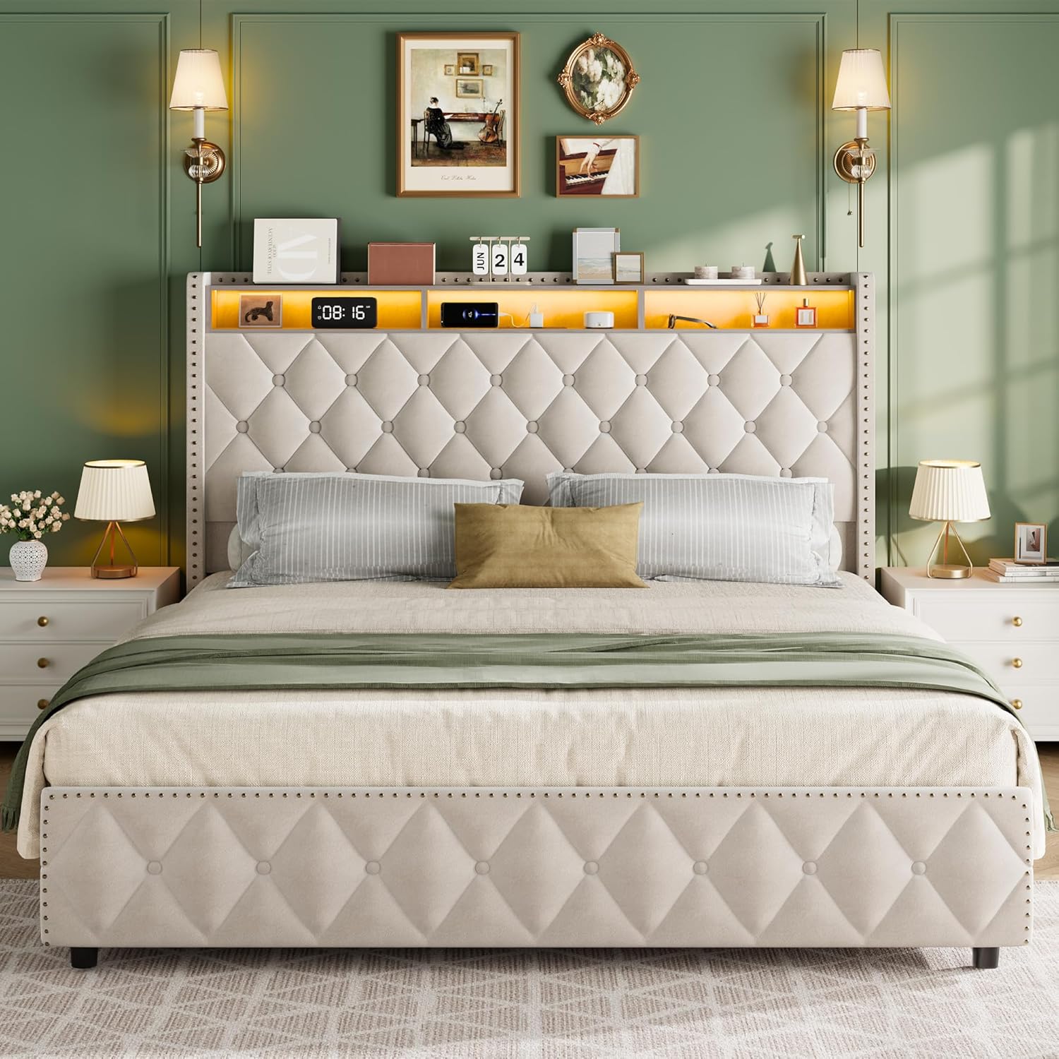 GarveeHome King Size Bed Frame with 50.8 in Tall Headboard, Platform Velvet Upholstered Bed Frame with 4 Storage Drawers, USB Charging Station, Led Lights, No Box Spring Needed, Easy Assembly, Beige