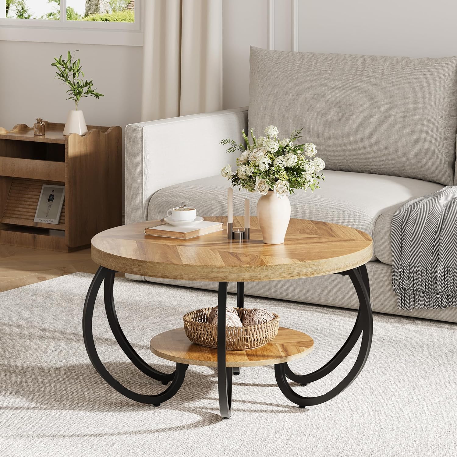 GarveeHome Round Coffee Table 30 in Center Table, 2-Tier Coffee Table Industrial Accent Tables with Adjustable Feet, Living Room Tables with Storage Shelf and Designed Wood Grain, Easy Assemble