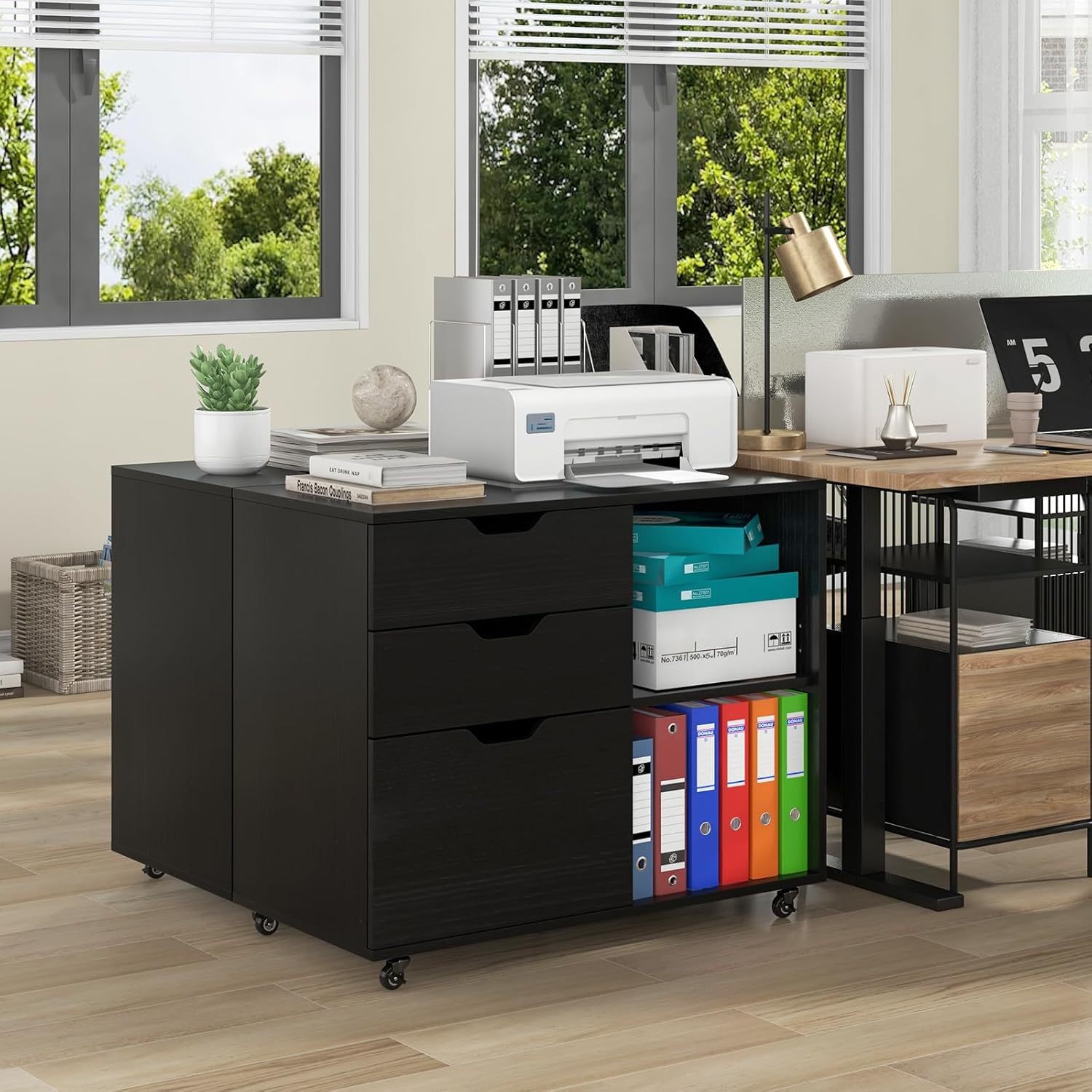 LOKO 3-Drawer File Cabinet, Mobile Printer Stand Cabinet with Adjustable Shelf, Rolling Lateral Filing Cabinet with Wheels for Letter, A4, Legal Size, for Home Office Organization (Black)