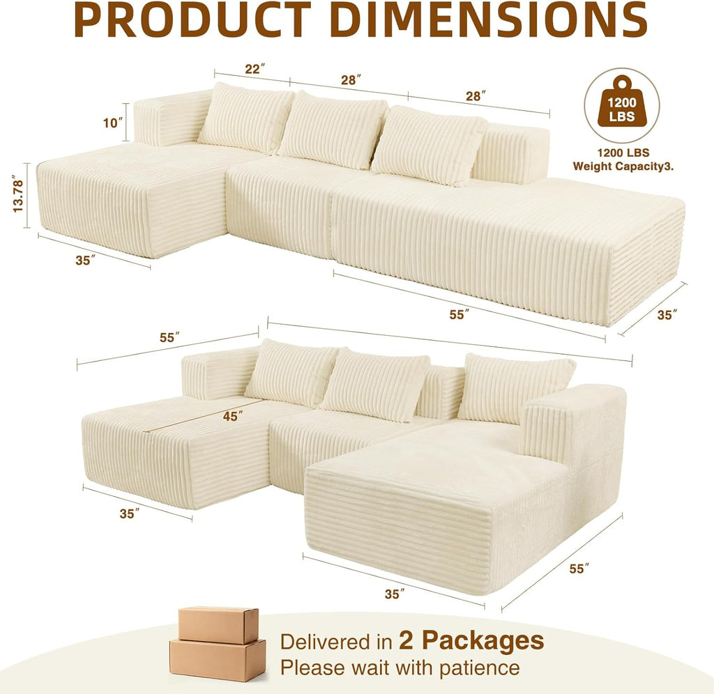 117” Modular Sectional Cloud Couch with L-Shape Chaise Lounge, Boneless Convertible Sofa for Living Room, Corduroy 4-Seater Couch, No Assembly Required, Cream Beige, Left Facing Chase