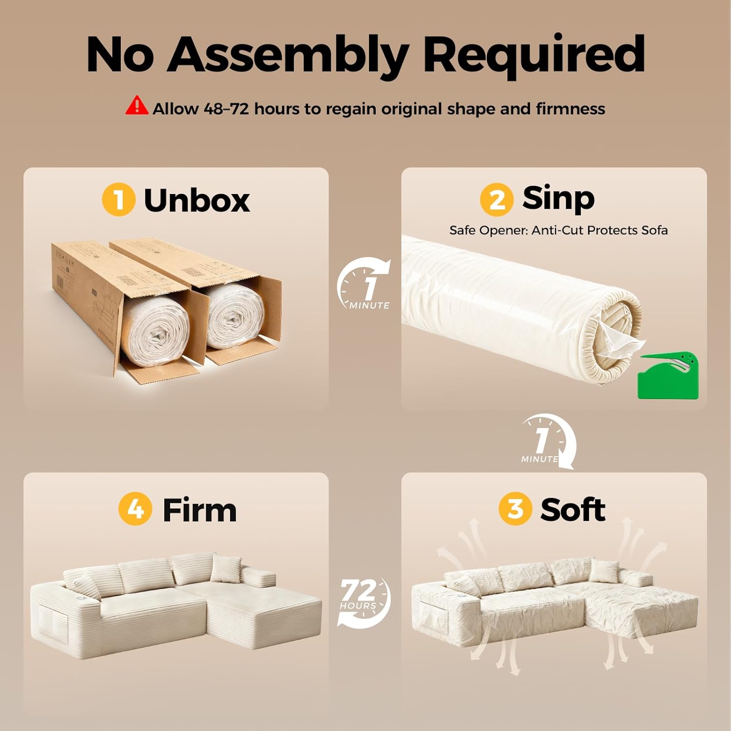 108” Cloud Sectional Couch, Modern Modular Sectional Sofa with Deep Seat, Corduroy Boneless Couches with Chaise, L-Shaped Sofa for Living Room, 4 Storage Pockets (Right Facing Chaise, Beige)