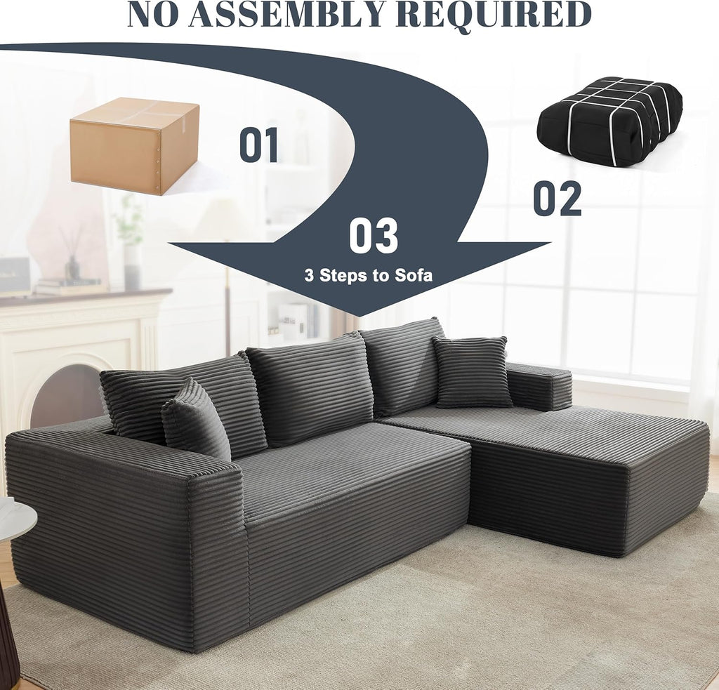 110” Cloud Sectional Couch, Boneless Sofa for Living Room, Modular Sectional Sofa with Deep Seat, Fluffy Couch with L-Shaped Chaise, No Assembly Required (Right-Facing Chaise, Dark Grey)