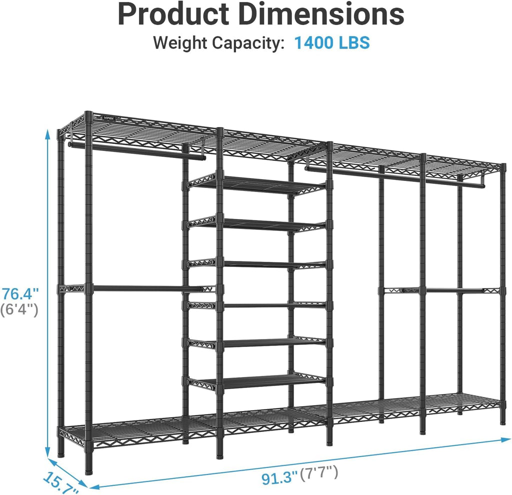 VIPEK S4 Heavy Duty Clothes Rack with Shoe Shelves Freestanding Clothing Rack with 6-Tier Shoe Rack, 4 Hanging Rod, Adjustable Shelf, Walk in Closet Organizer Garment Rack, Black