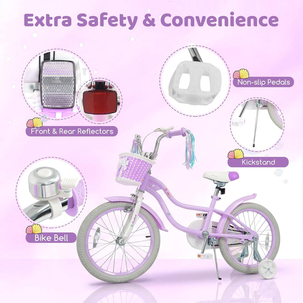 BABY JOY Kids Bike, 12" 14" 16" 18" Mermaid Girls Bike for 3-8 Years Old w/Basket, Training Wheels, Hand & Coaster Brakes, Adjustable Seat & Handlebar, 20" Children Bicycle with Kickstand for 8+