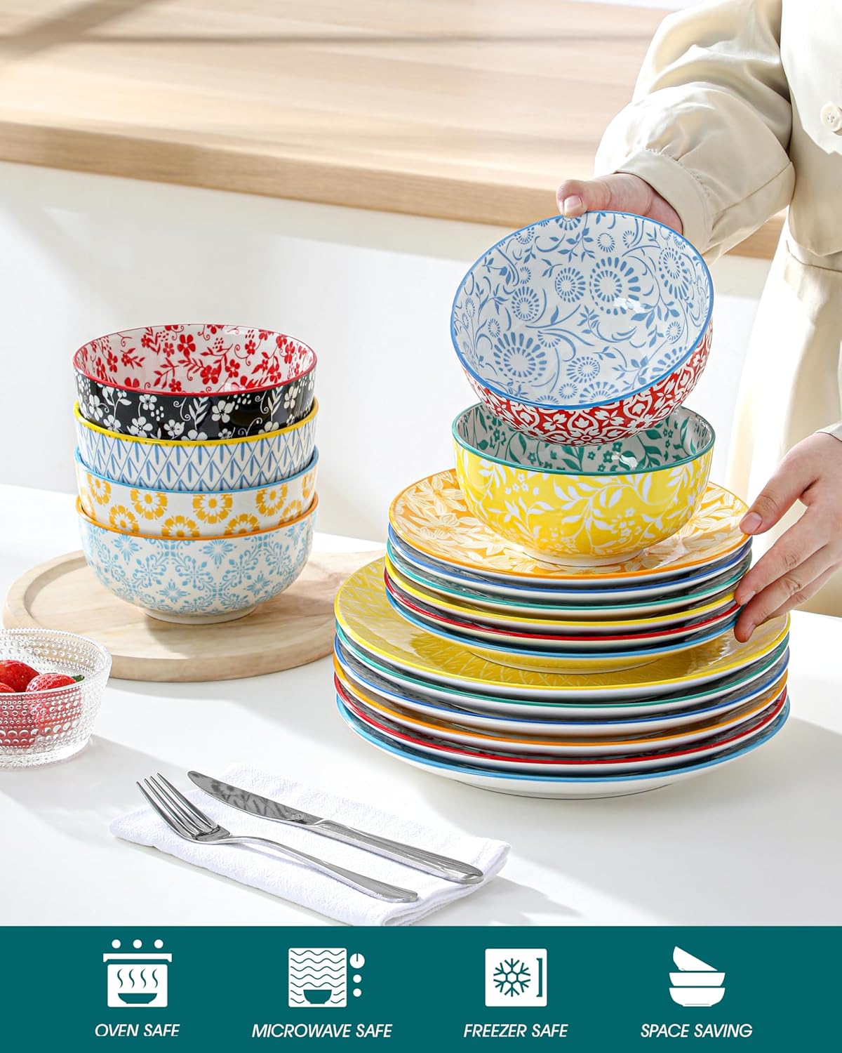 vancasso SELENE Plates and Bowls Set for 6, 18 Pieces Dinnerware Sets, Mircowave and Dishwasher Safe Dishes Set, Porcelain Pastel Dinnerware