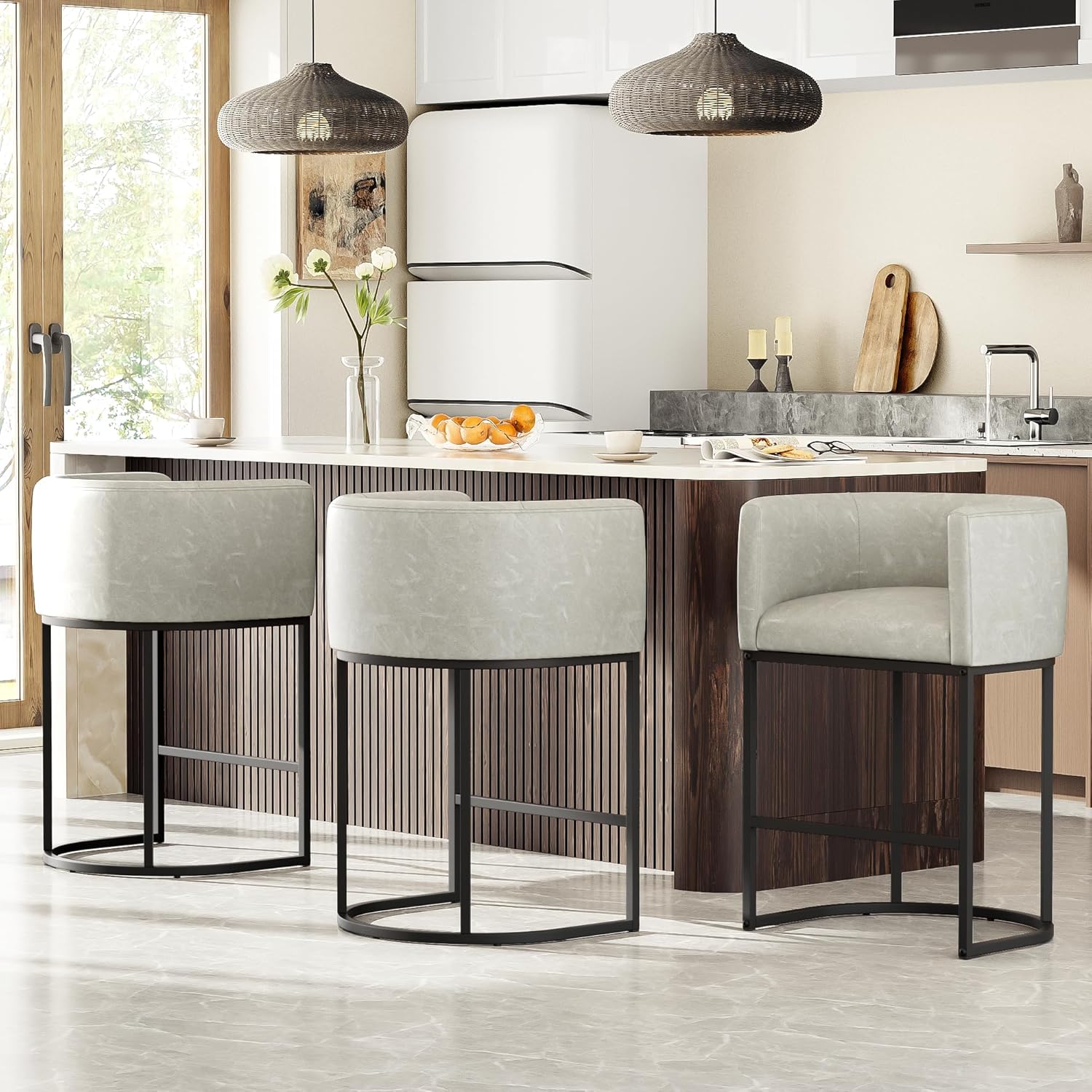 26" H Counter Height Bar Stools Set of 4, Modern Barrel Counter Stools with Backrest and Arms, Faux Leather Upholstered Accent Barstools for Kitchen Island,Support 450 LBS (Grayish White)