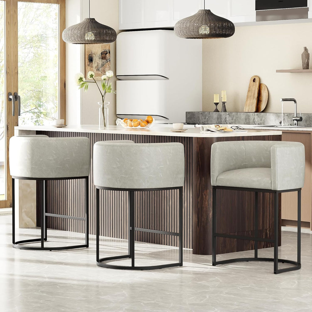 26" H Counter Height Bar Stools Set of 3, Modern Barrel Counter Stools with Backrest and Arms, Faux Leather Upholstered Accent Barstools for Kitchen Island,Support 450 LBS (Grayish White)