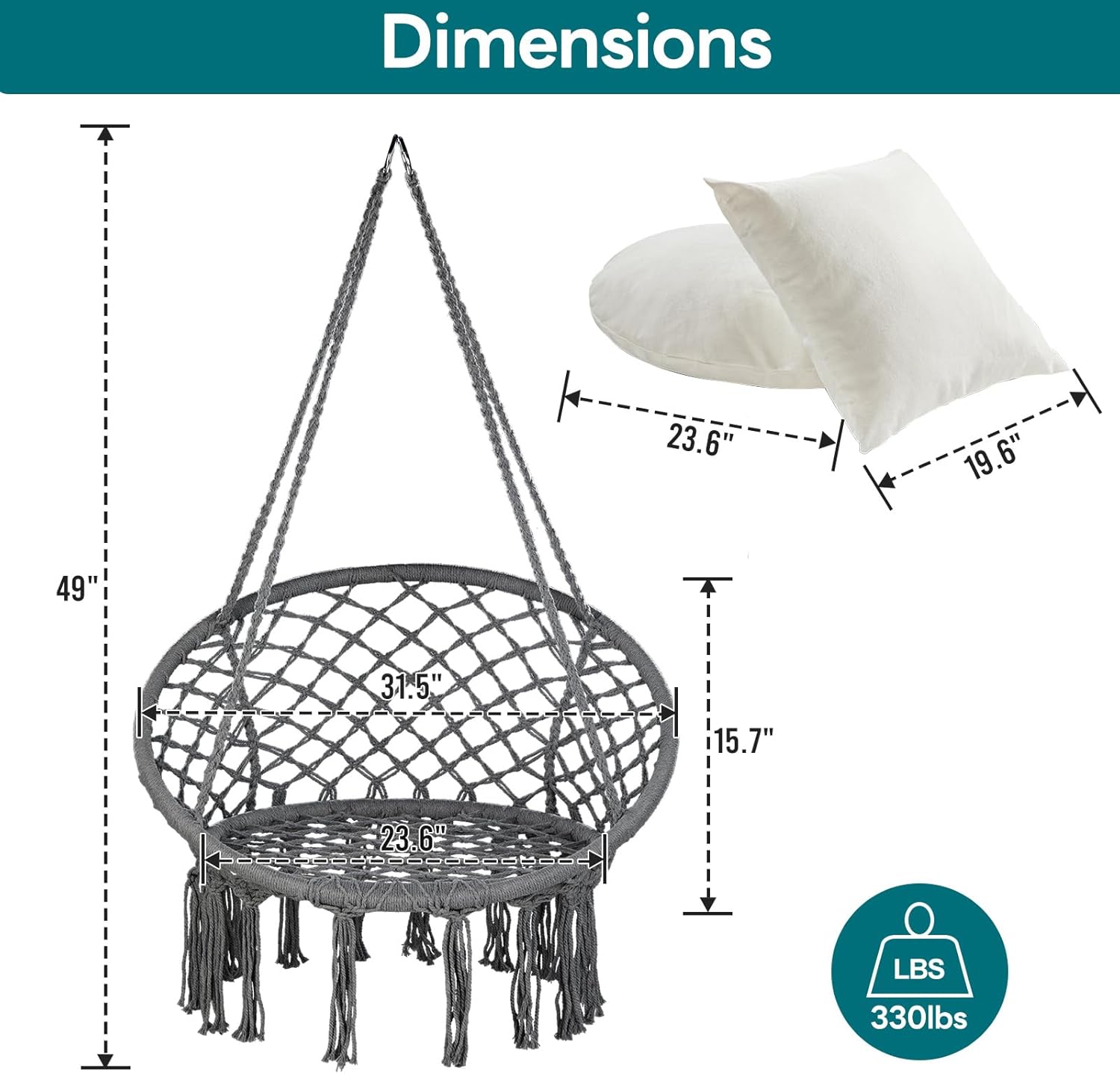 JoyView Macrame Hammock Chair Hanging Swing Chair Max 330 Lbs with 2 Cushions and Hardware Kits for Indoor Outdoor Bedroom Patio Garden - Dark Grey
