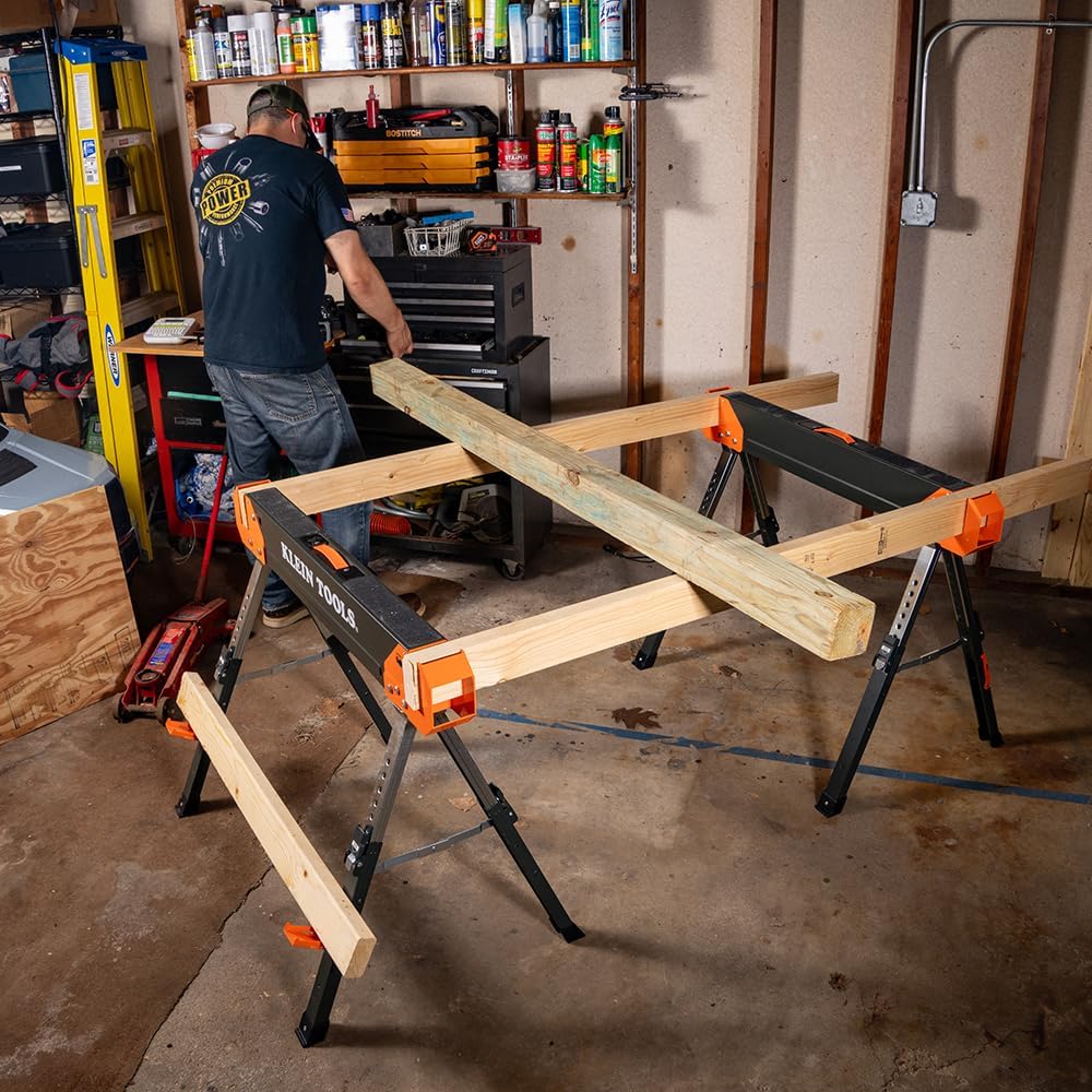 Klein Tools 80178 Folding Saw Horse, Adjustable 26 to 32-Inch Height, 2x4 Support Arms, Heavy Duty Jobsite Table, 2-Pack