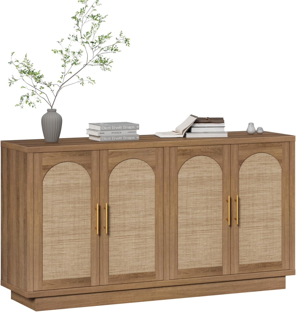 59-Inch Rattan Sideboard Buffet Cabinet, Farmhouse Storage Cabinets with Adjustable Shelves & 4 Arched Doors, Boho Credenza Coffee Bar Cabinet for Kitchen, Living Room, Entryway