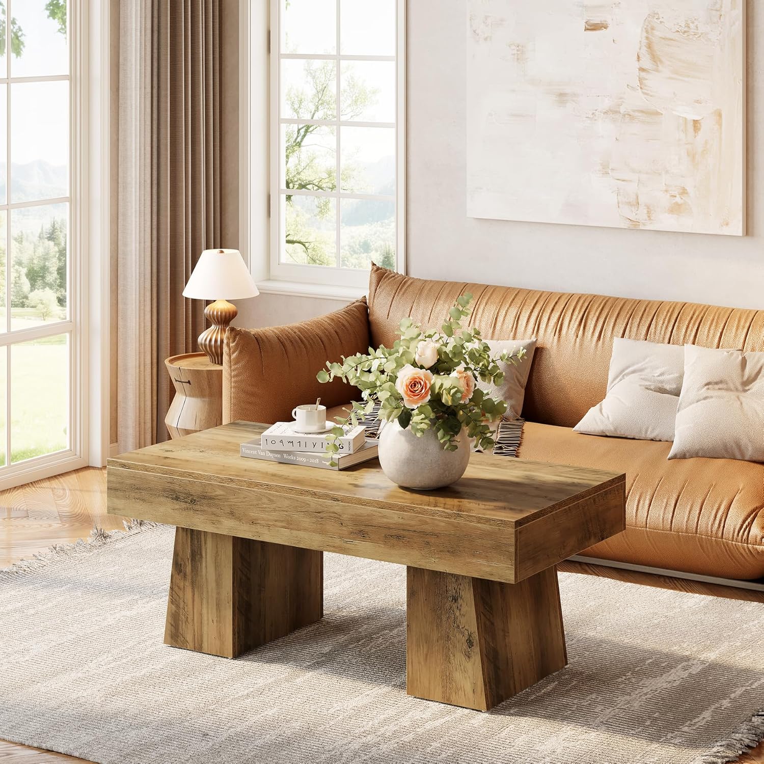 LITTLE TREE Farmhouse Coffee Table, 47 Inches Wooden Rectangular Accent Center Tables with Thick Base, Modern Low Cocktail Tea Furniture for Living Room (Rustic Brown)