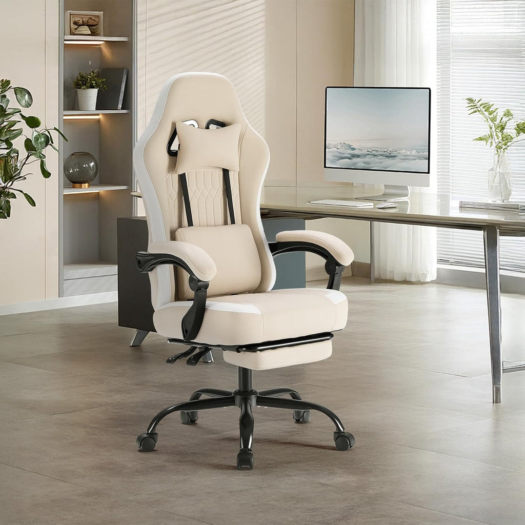 Sweetcrispy Computer Gaming Chair - High Back Ergonomic Desk Chair with Footrest and Lumbar Support, Height Adjustable Task Chair with Linkage Armrests and Headrest, 360°Wheels, Fabric, Khaki