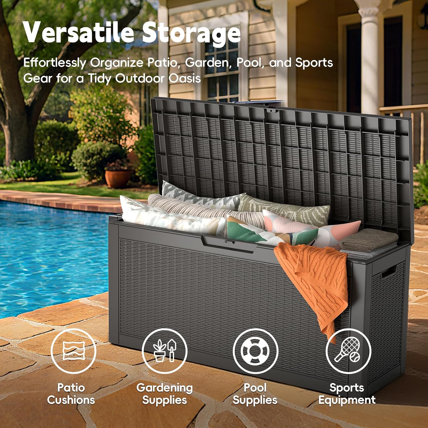 LubanNese Outdoor Storage Box, Waterproof Deck Box, Outdoor Patio Storage Bin, Weatherproof (Black, 66 Gallon)