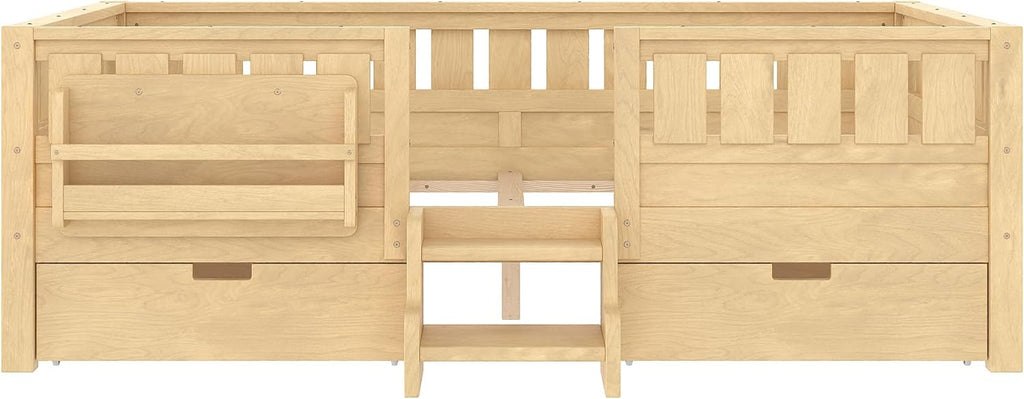 Bellemave Full Size Bed with Slats and Stairs, Full Size Platform Bed Frame with Fence, Bookshelf and Storage Drawers, Easy Assemble Beds for Girls, Boys, Light Natural