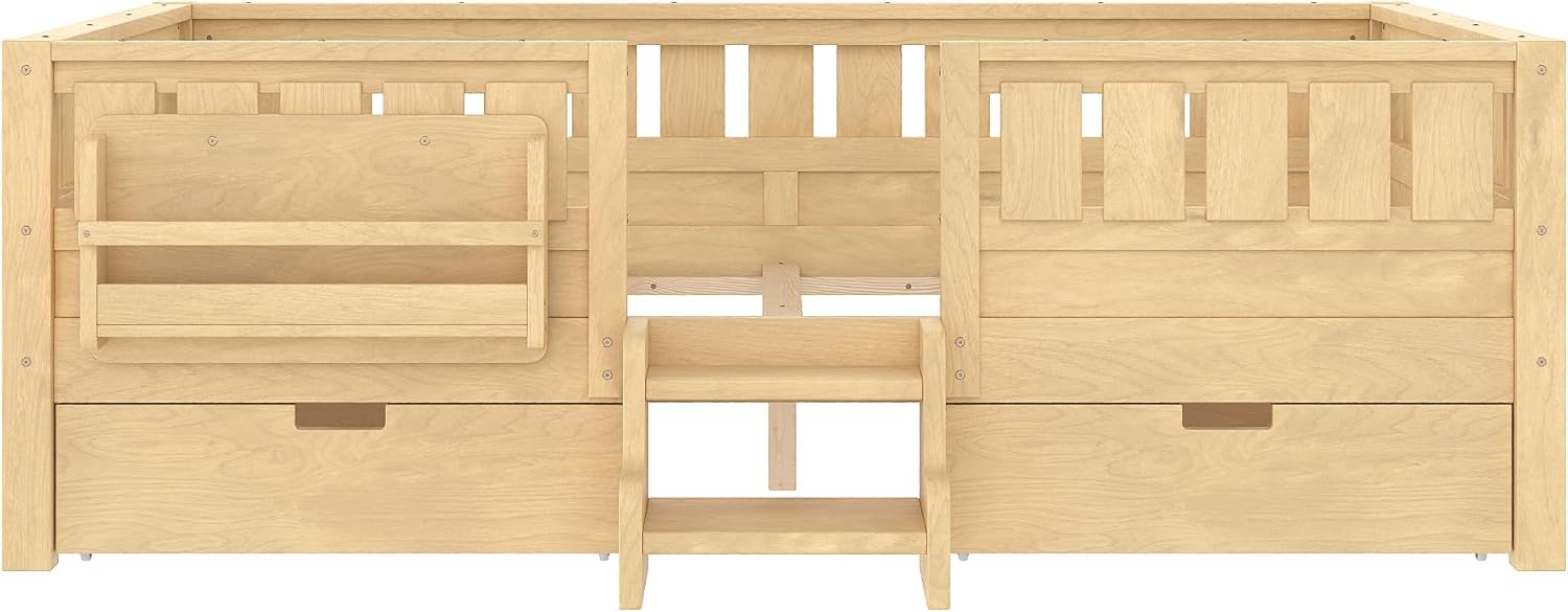 Bellemave Full Size Bed with Slats and Stairs, Full Size Platform Bed Frame with Fence, Bookshelf and Storage Drawers, Easy Assemble Beds for Girls, Boys, Light Natural