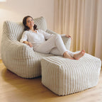 Giant Bean Bag Chair with Ottoman, Oversized Plush Comfy Bean Bag Sofa for Adults and Kids, Memory Foam Mini Couch Single Lounges for Living Room, Bedroom & Game Room(Beige)