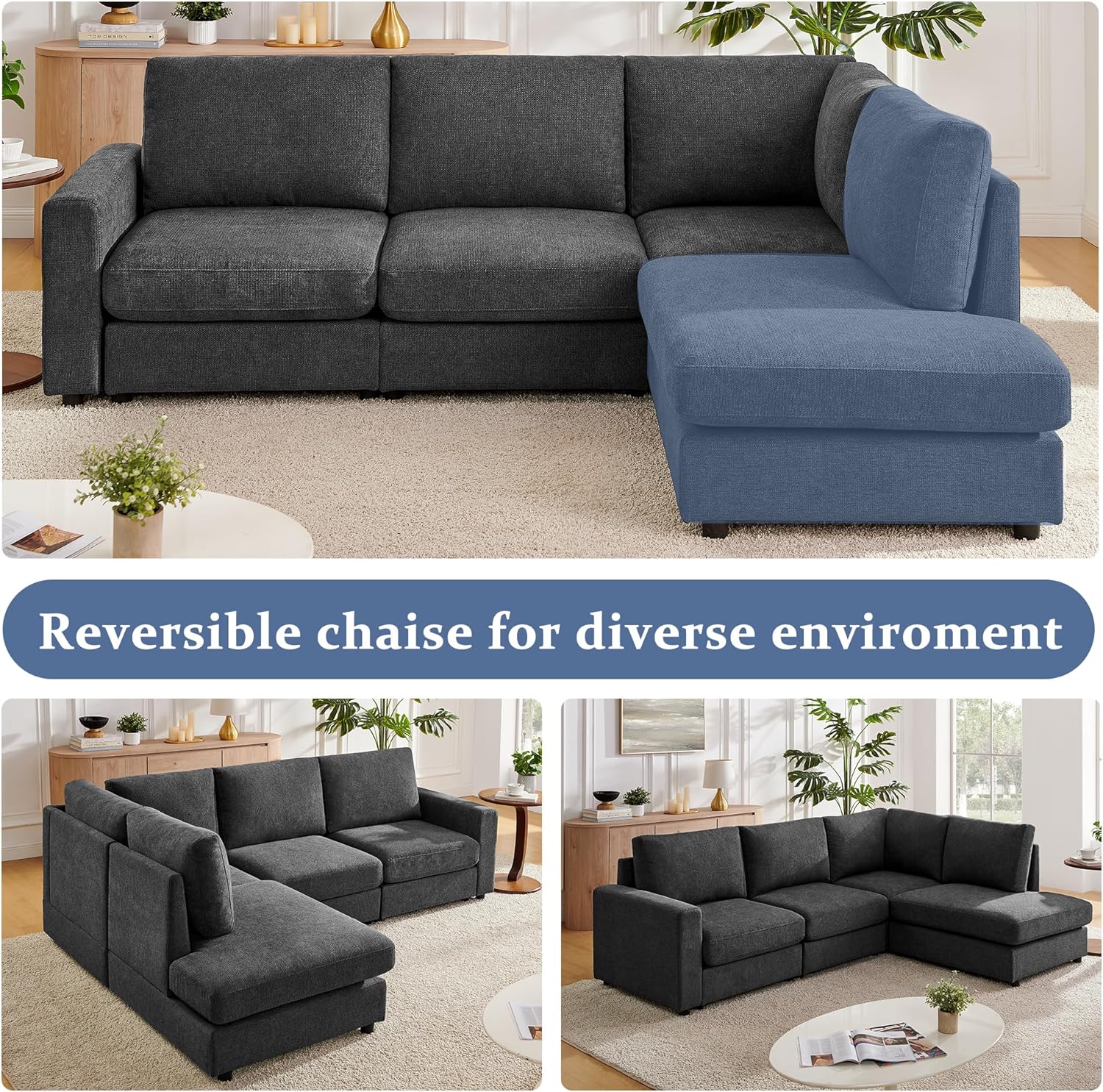 100“ L Shaped Couch with Reversible Chaise Sectional Sofa Corner Couches for Living Room,Apartment and Compact Spaces (Grey)