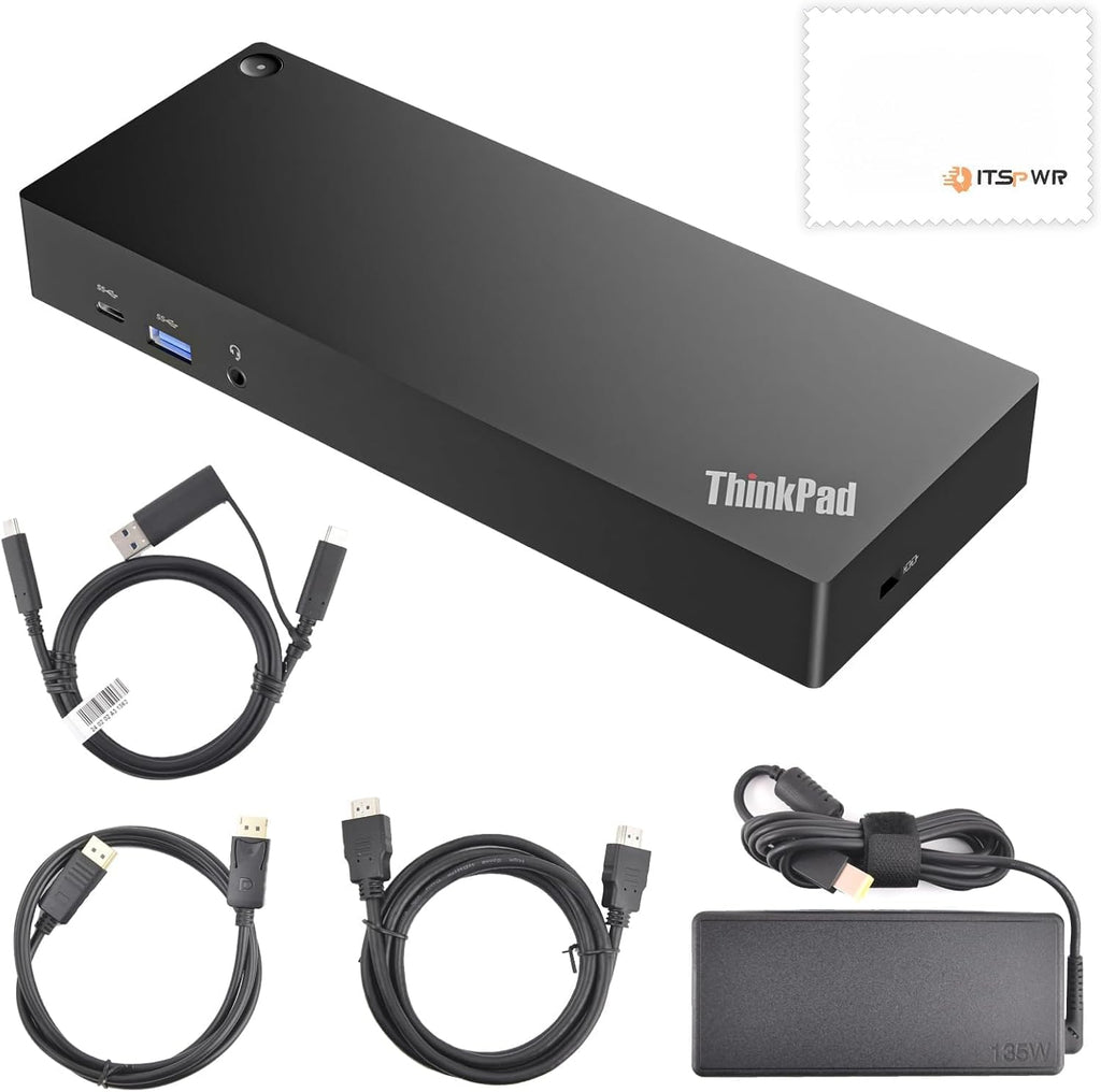 ThinkPad 40AF0135 Universal Hybrid USB-C with USB-A Adapter Docking Station for Lenovo Laptops  Dual Monitor  Comes with ITSPWR HDMI 4K Cable + DP Cable+ Cleaning Cloth