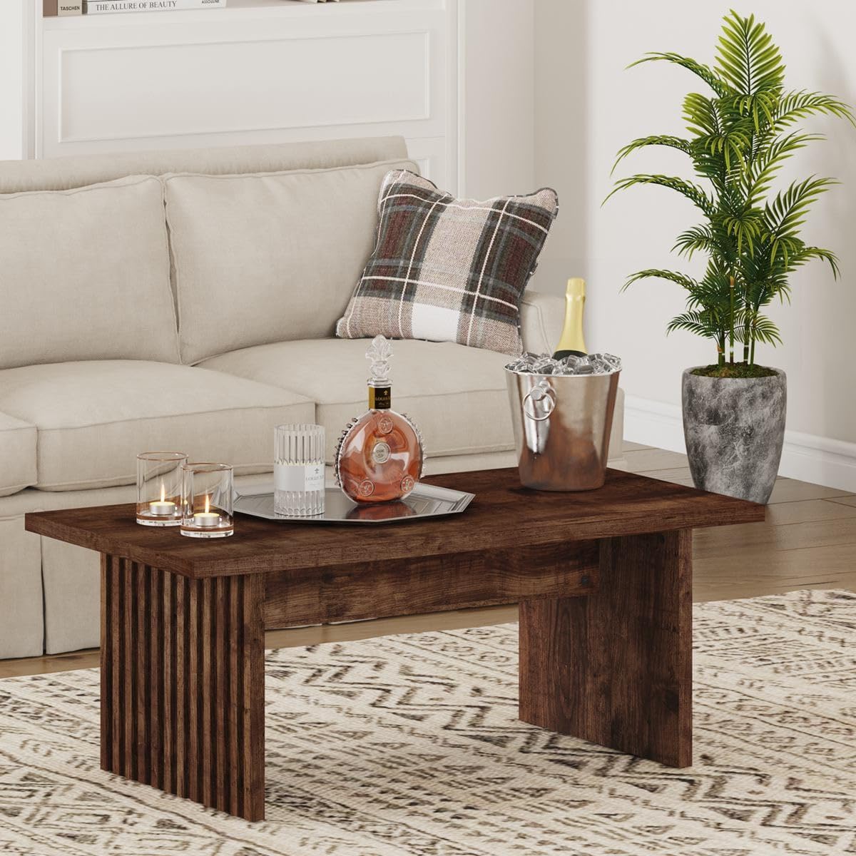BON AUGURE Coffee Table for Living Room, Farmhouse Wood Center Table, Rectangle Mid-Century Living Room Tables, Unique Fluted Panel Coffee Tables (Rustic Oak, 43Inch)
