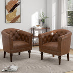 Pia Ricco Faux Leather Barrel Accent Chair, Comfy Club Armchair with Solid Wood Legs, Nailhead Trim Upholstered Single Sofa Chair for Living Room Bedroom/Reading Room, Tan, Set of 2