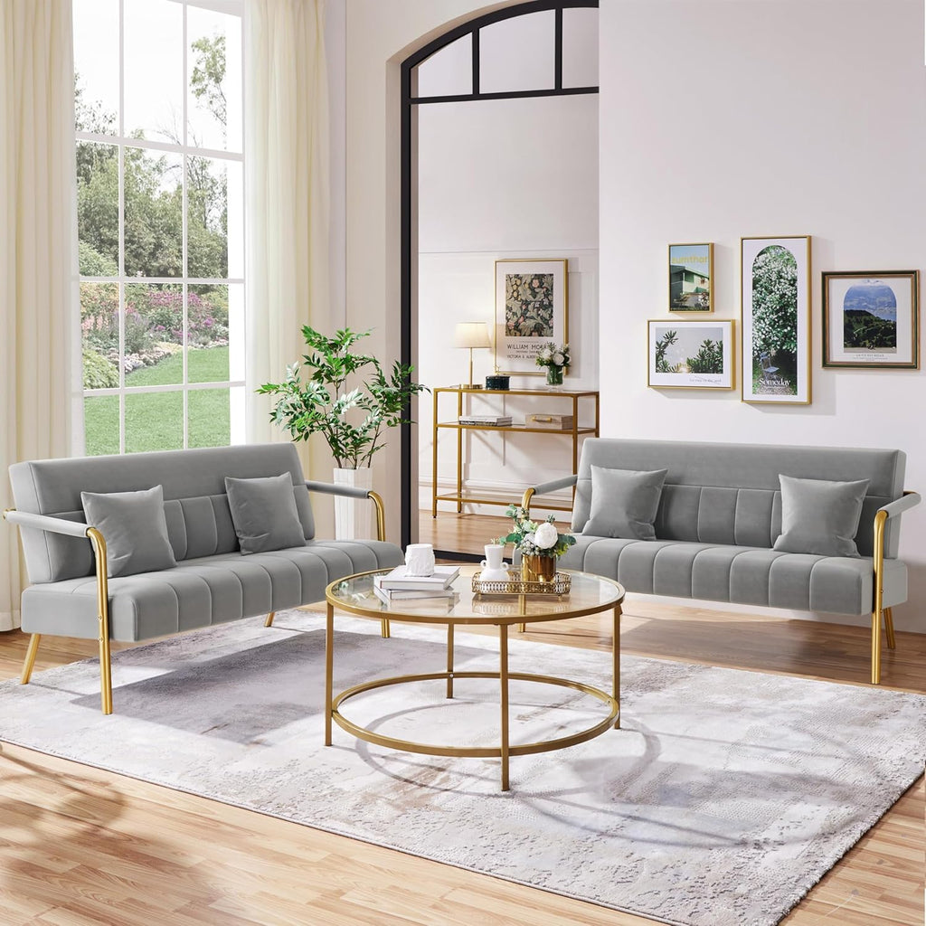 Yaheetech 56.5" W Modern Sofa Small Sofa Luxurious Velvet Fabric Couch with Gold-Tone Metal Arms and Legs for Living Room, Home Office, Studio Light Gray