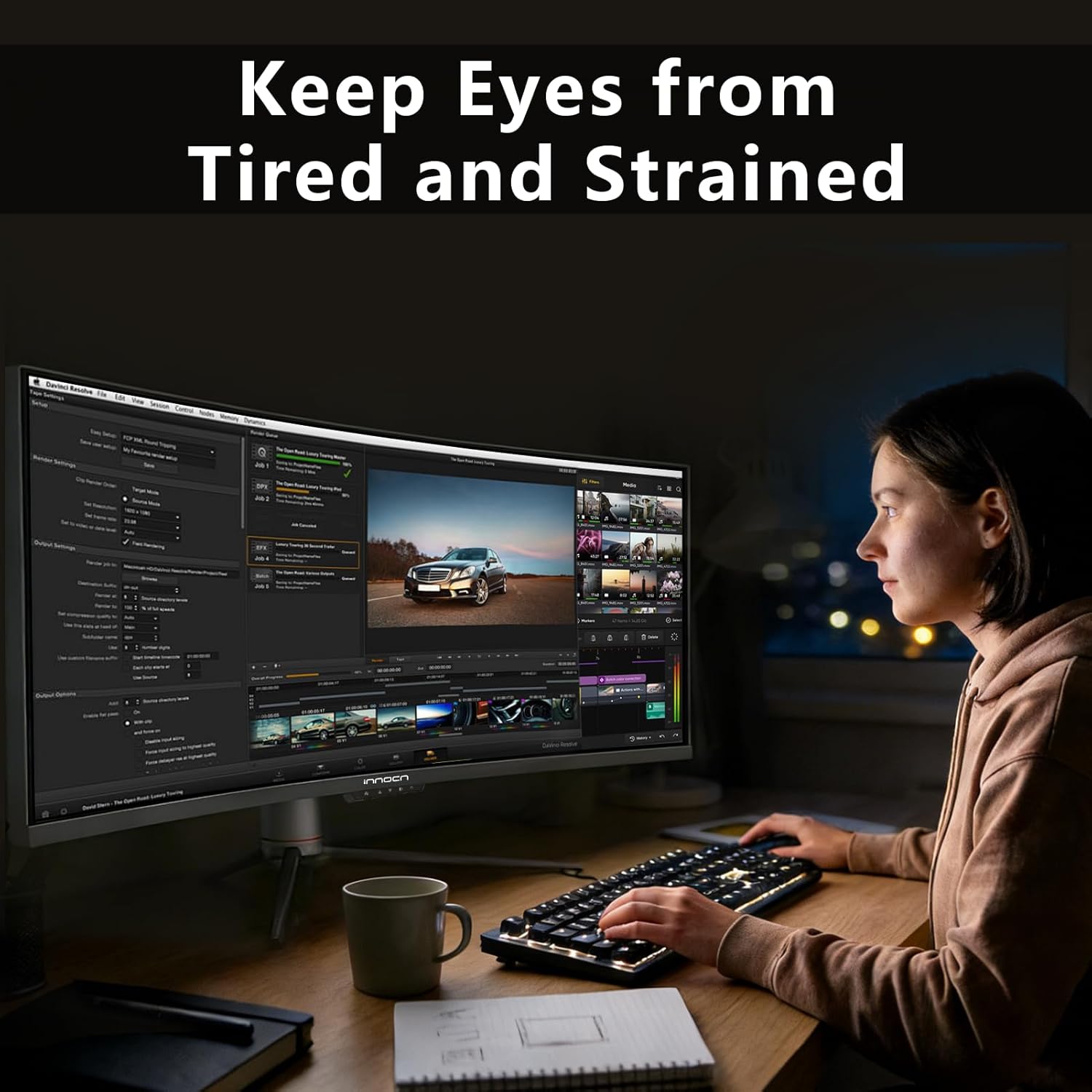 INNOCN 49" Curved Gaming Monitor 144Hz Ultrawide 32:9 WDFHD 3840 x 1080P  R1800  99% sRGB  HDR400  USB Type C  DisplayPort  HDMI  Built-in Speakers  Height/Tilt Adjustable - 49C1G
