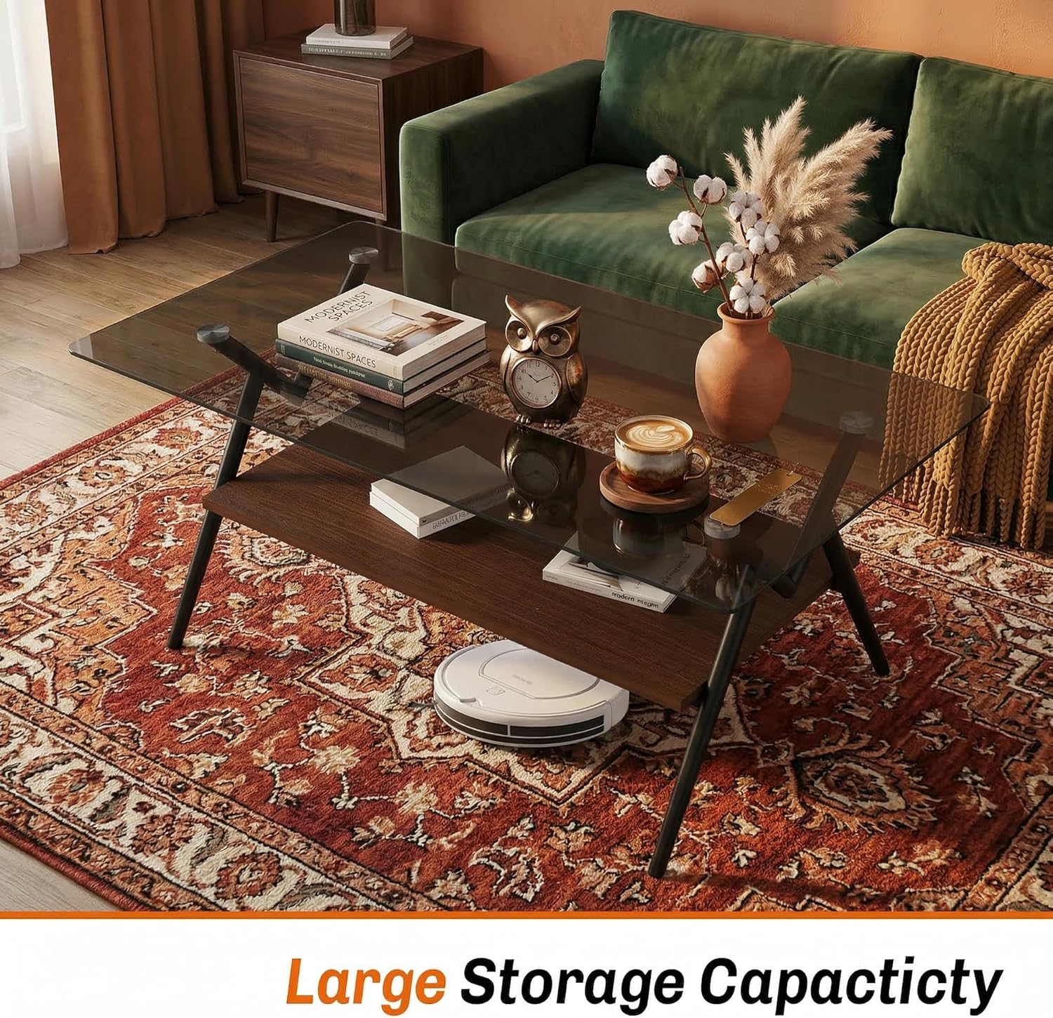 Casaphoria Rectangle Coffee Table for Living Room, Industrial 2-Tier Center Table with Gray Tempered Glass Top & Brown MDF Storage Shelf, Metal Legs, 220 lbs Weight Capacity (38.6")